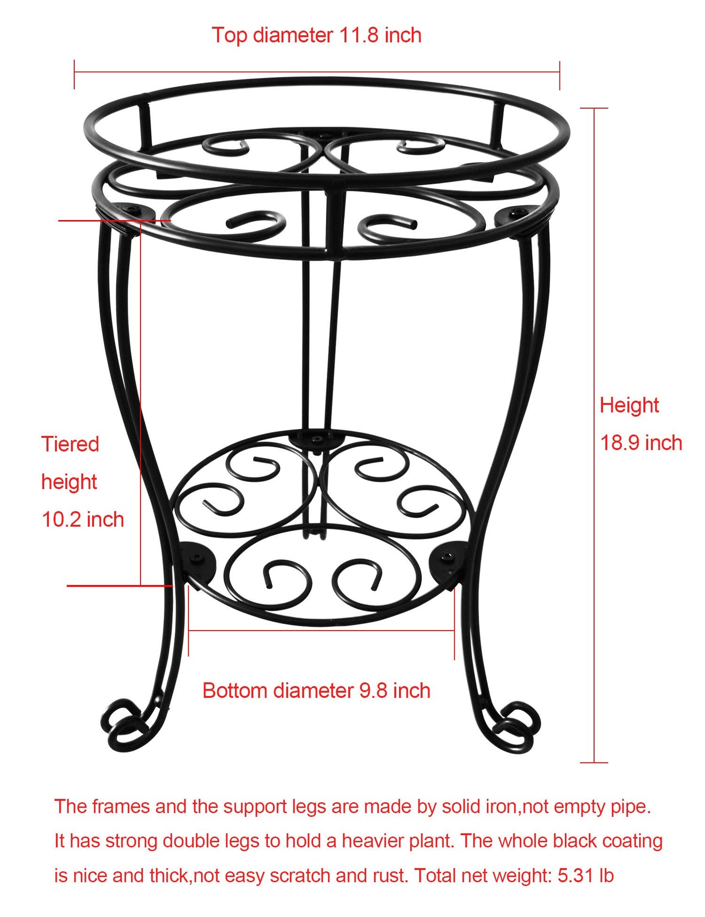 19inch Tall Plant Stand for Flower Pot Heavy Duty Potted Holder Indoor Outdoor Metal Rustproof Iron Garden Container Round Supports Rack for Planter